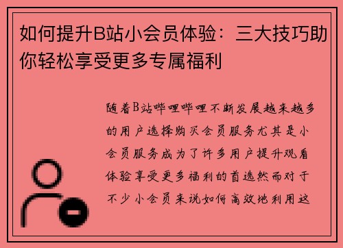 如何提升B站小会员体验：三大技巧助你轻松享受更多专属福利